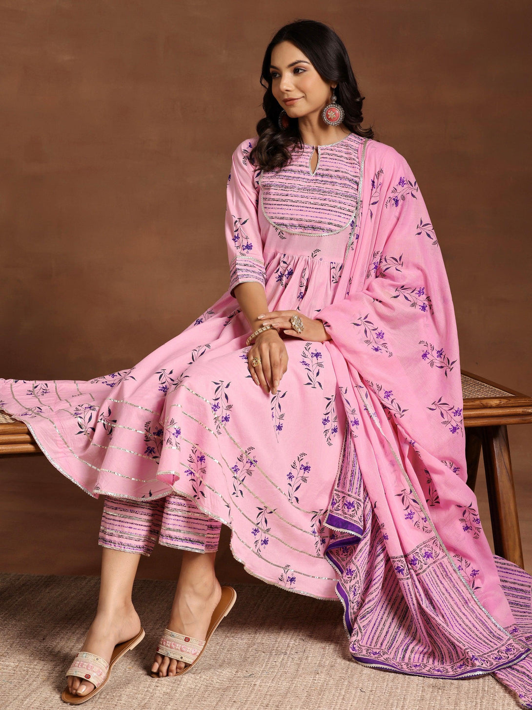 Pink Printed Cotton Anarkali Suit With Dupatta - Jashvi