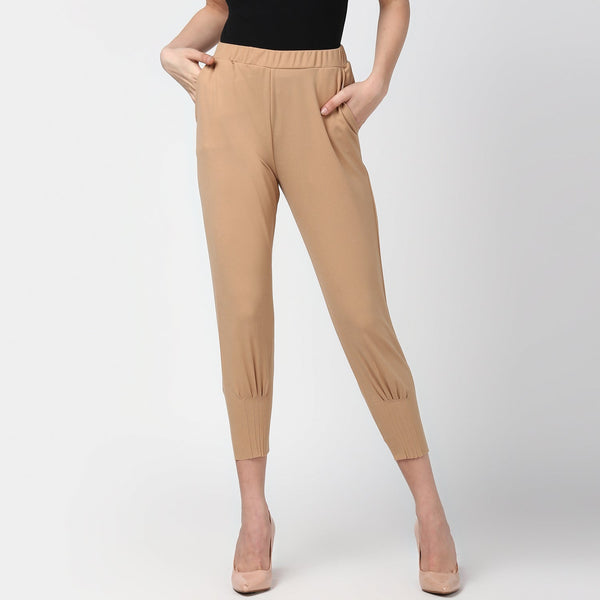 Women's Beige elasticated waistband and hemline stylised Pants - StyleStone