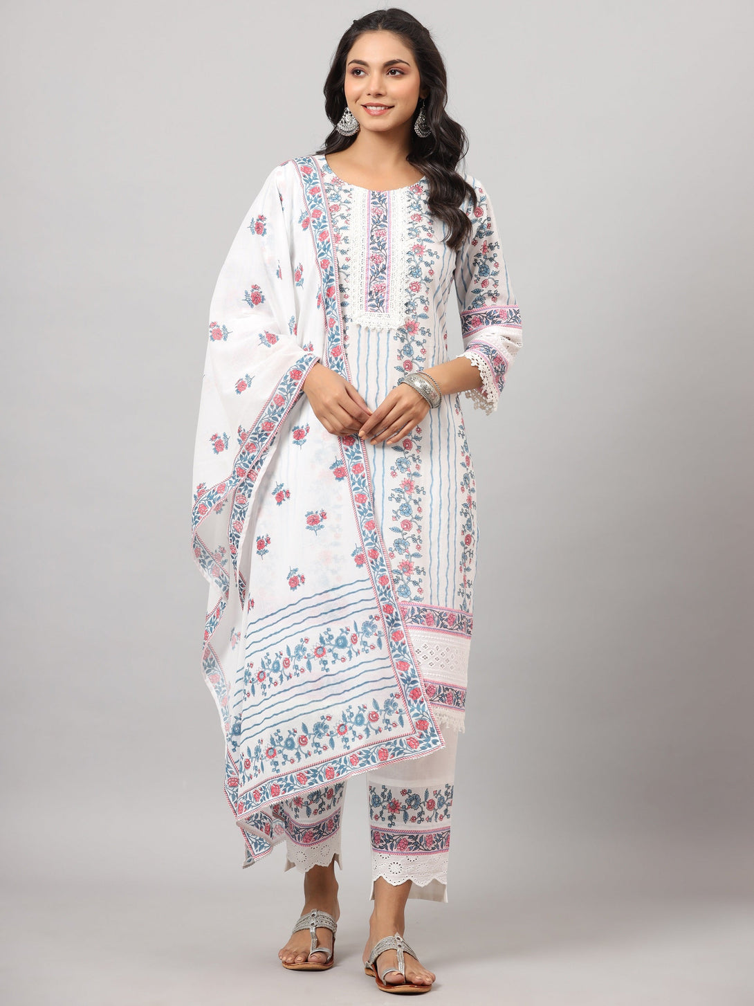 Women's Off-White  Cambric Printed Stright Kurta Sets - Juniper