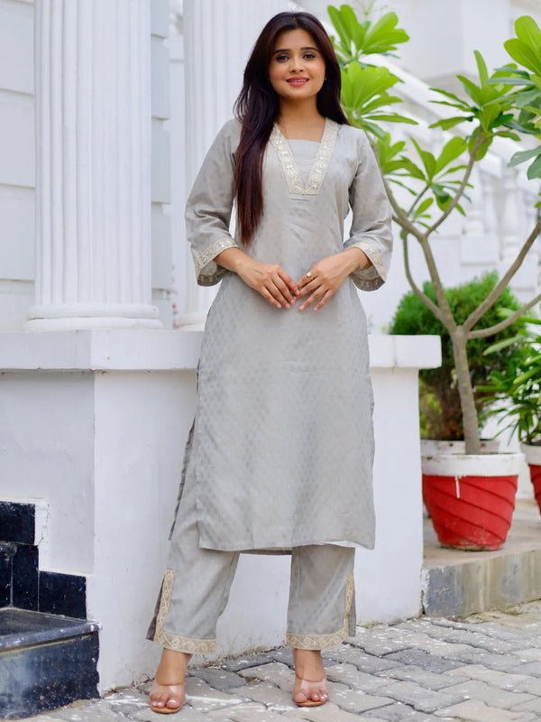 Grey Printed Silk Blend Straight Kurta Set