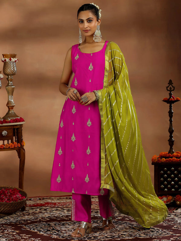 Pink Embroidered Silk Blend Straight Suit With Dupatta