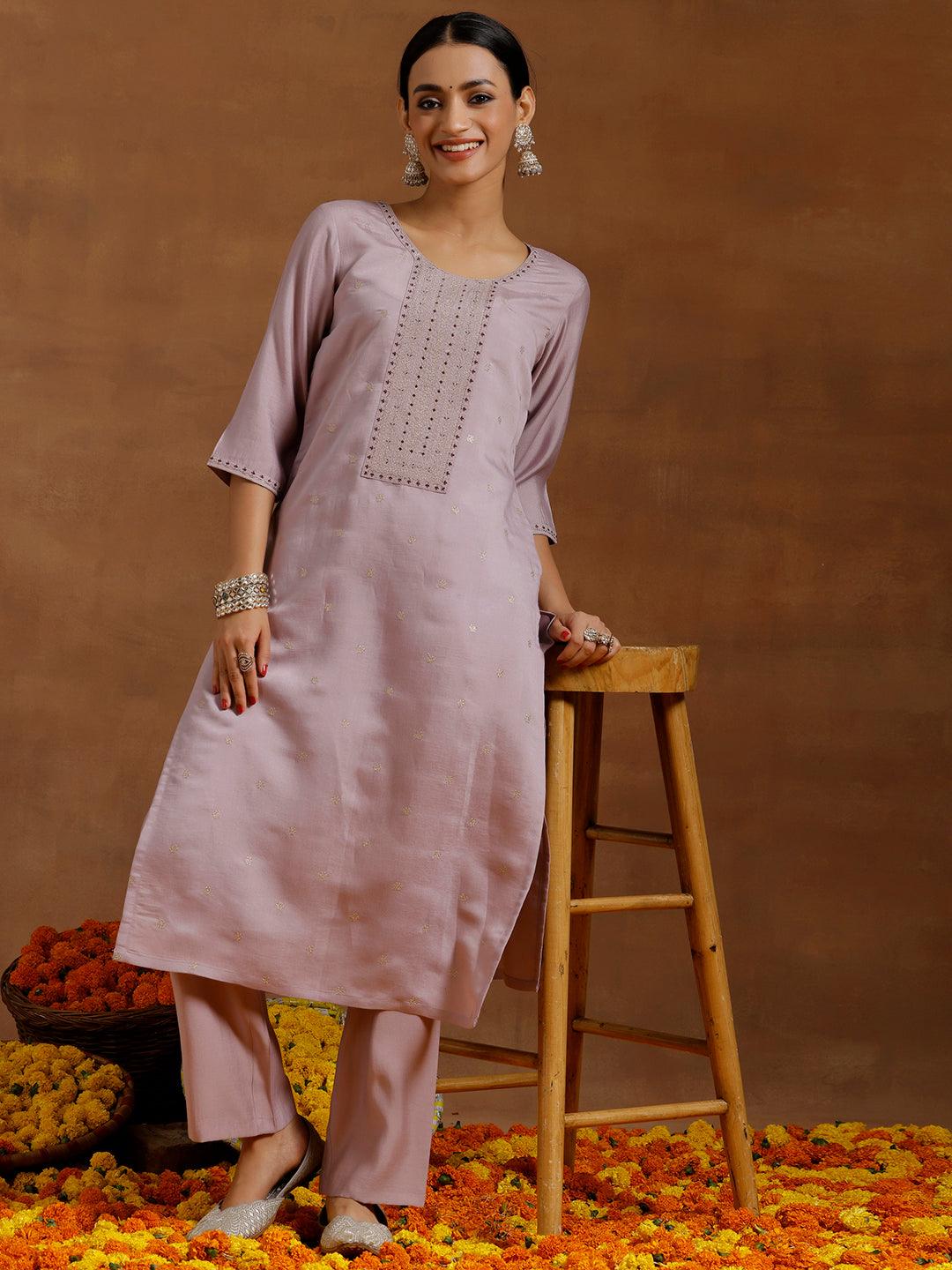 Lavender Embroidered Silk Blend Straight Kurta Set - Jashvi