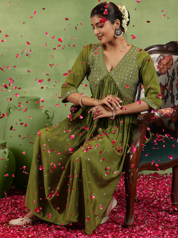 Olive Embroidered Silk Blend A-Line Kurta With Trousers