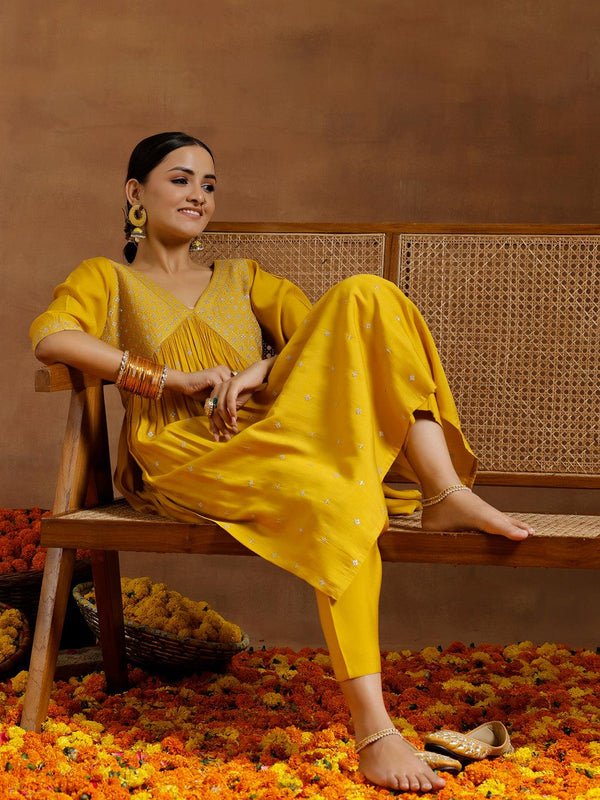 Mustard Embroidered Silk Blend A-Line Kurta With Trousers - Jashvi