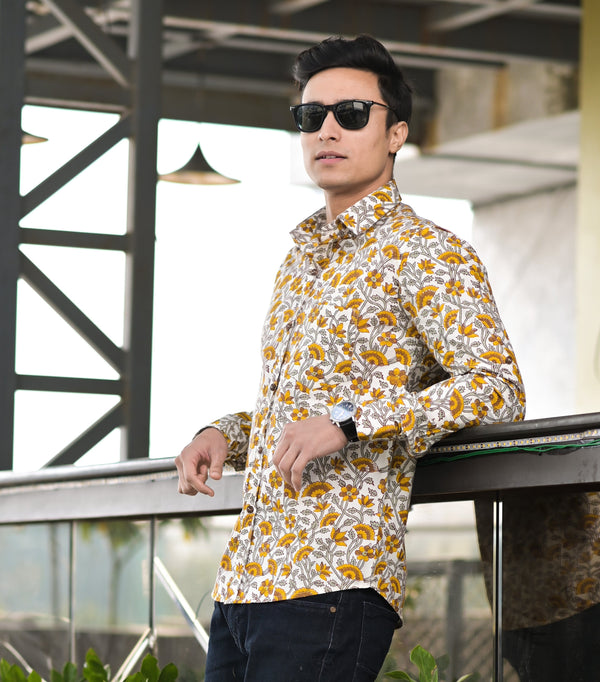 Men's Mustard Floral Hand Block Shirt - Hatheli