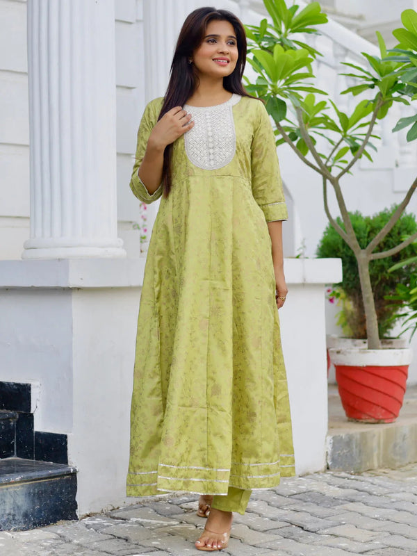 Green Printed Silk Blend A-Line Kurta With Trousers