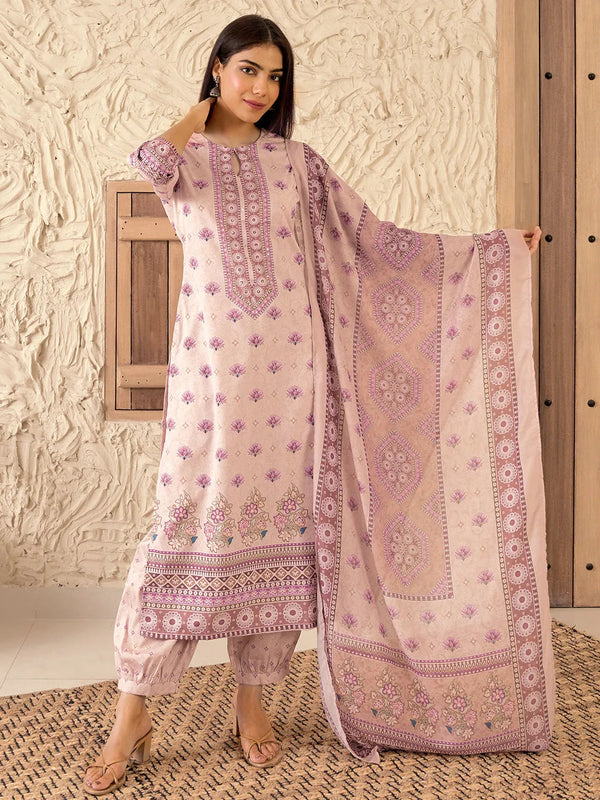 Peach Printed Poly Crepe Straight Suit With Dupatta