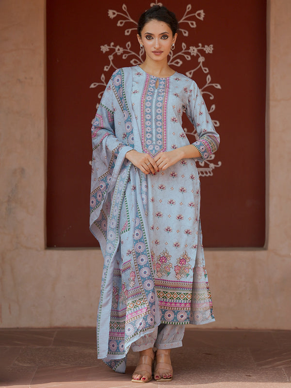 Blue Printed Poly Crepe Straight Suit With Dupatta