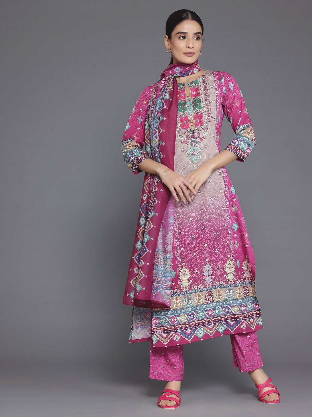 Pink Printed Poly Crepe Straight Suit With Dupatta - Jashvi