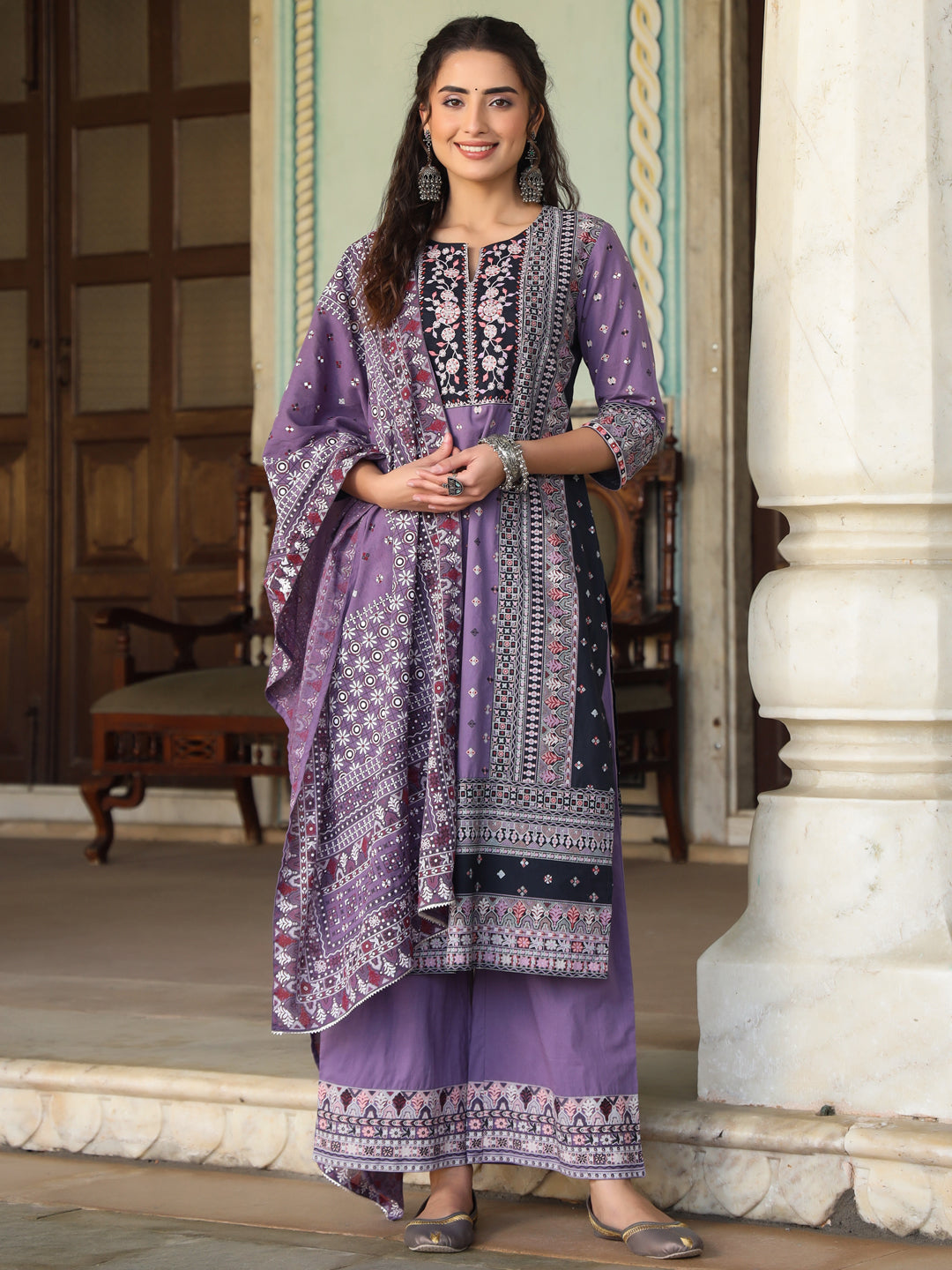 Women's Lavender Cambric Geometric Printed Mix And Match Kurta Palazzo And Dupatta Set - Juniper