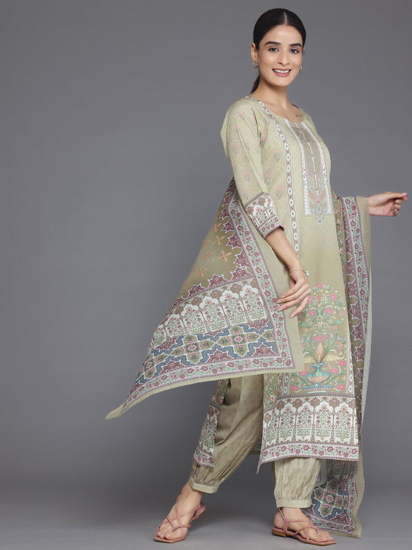 Olive Printed Crepe Straight Suit With Dupatta - Jashvi