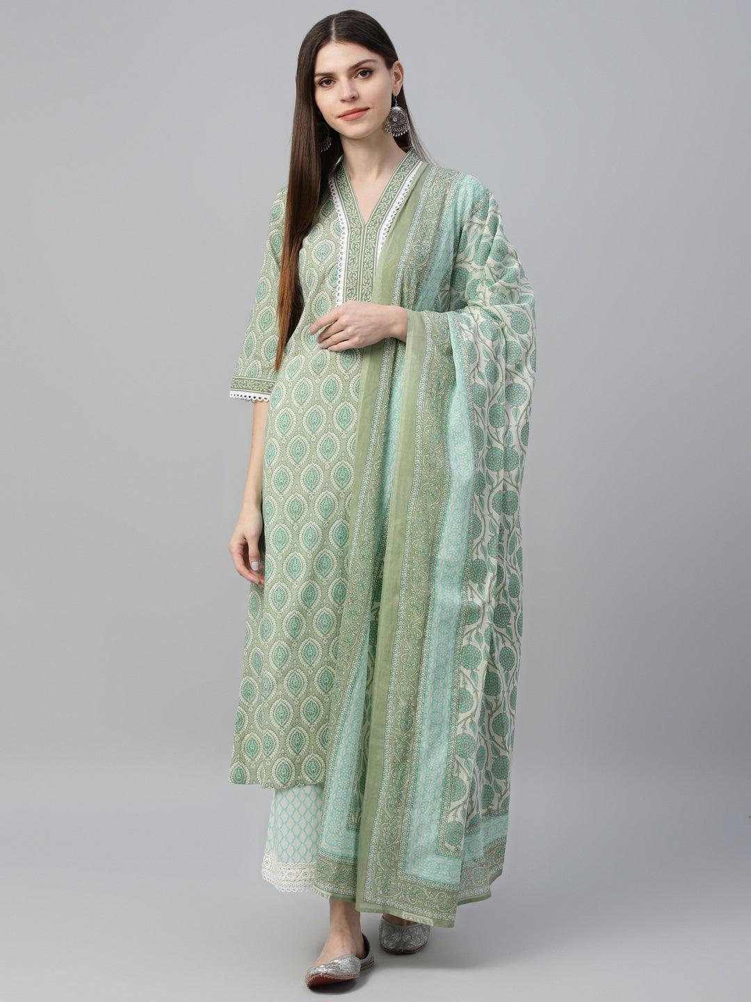 Green Printed Cotton Straight Suit With Dupatta - Jashvi