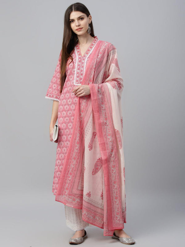 Peach Printed Cotton Straight Suit With Dupatta