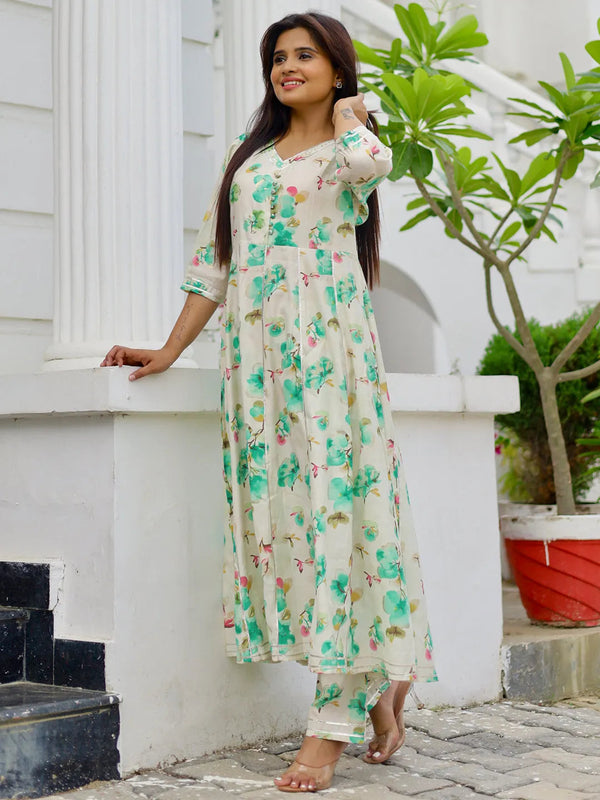 Off white Printed Silk Blend Anarkali Kurta With Trousers