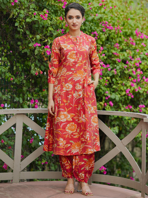 Coral Printed Silk Blend Co-Ords