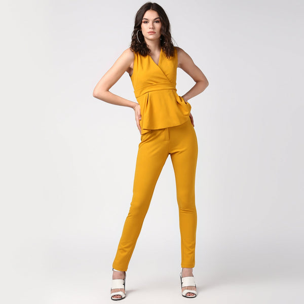 Women's Mustard Yellow Coordinated Peplum Top and Pants Set - StyleStone