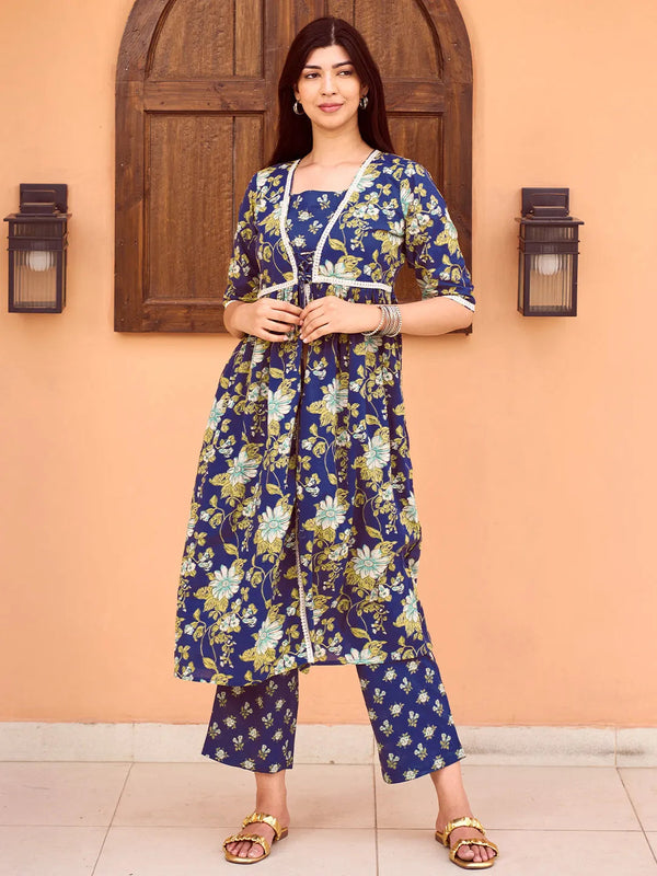 Blue Printed Cotton A-Line Kurta With Trousers