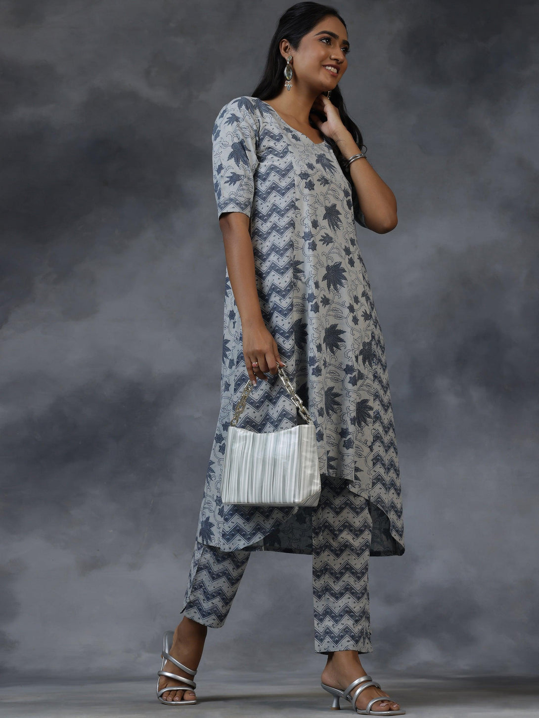 Grey Printed Cotton A-Line Kurta With Palazzos - Jashvi