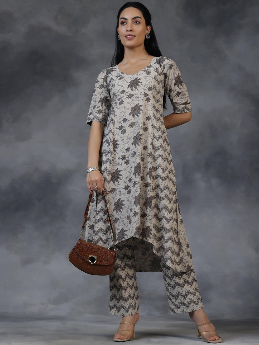 Beige Printed Cotton A-Line Kurta With Palazzos - Jashvi