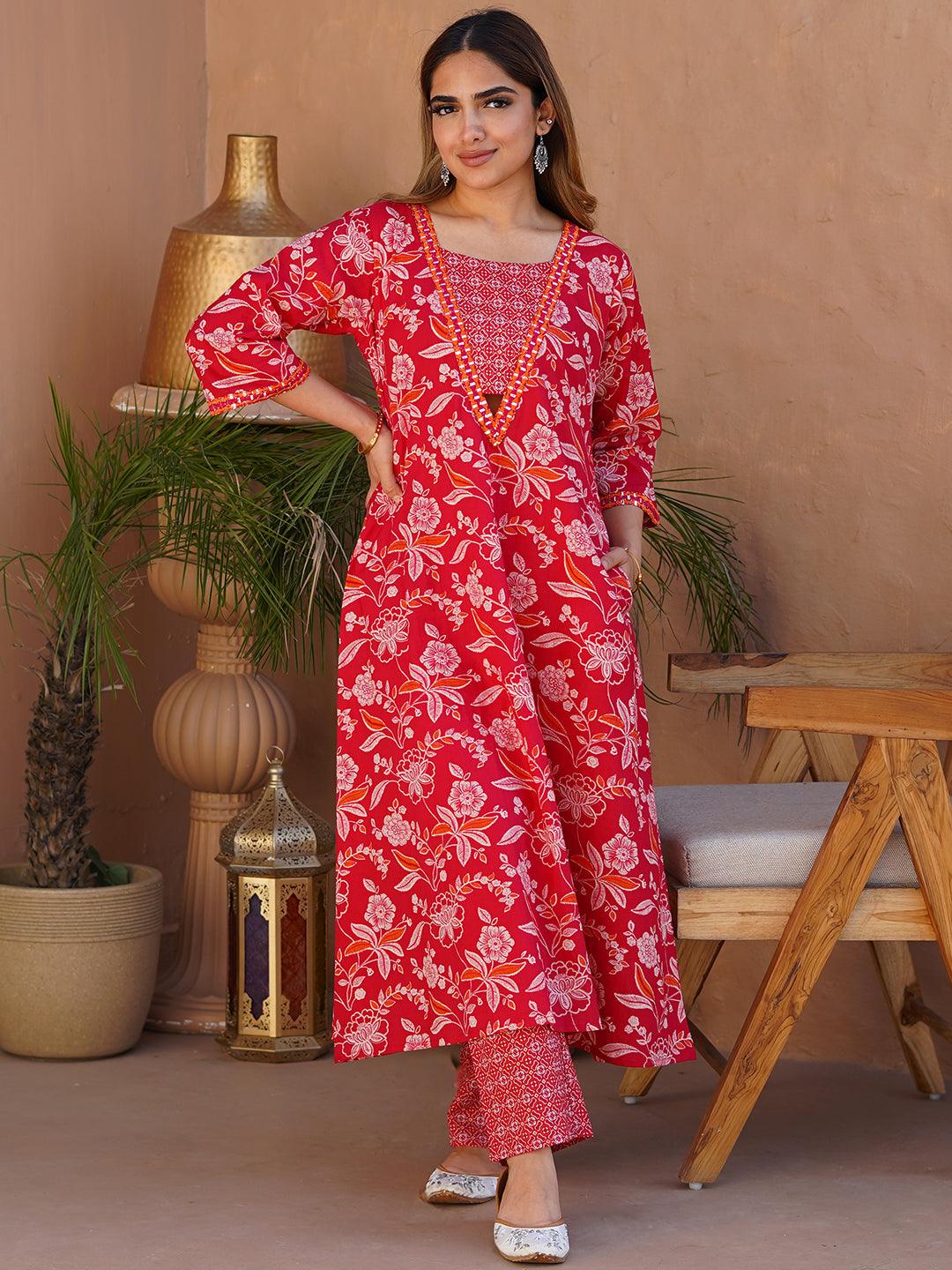 Naghma Pink Printed Cotton A-Line Kurta With Palazzos - Jashvi