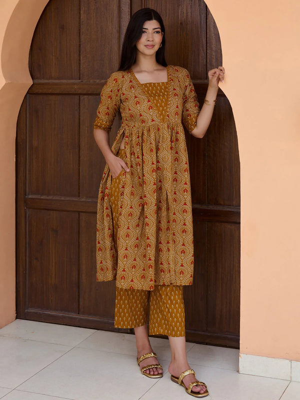 Mustard Printed Cotton A-Line Kurta With Palazzos