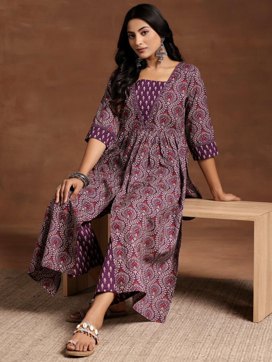 Purple Printed Cotton A-Line Kurta With Palazzos - Jashvi