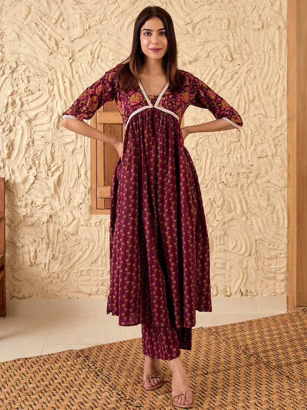 Rust Printed Cotton A-Line Kurta With Palazzos