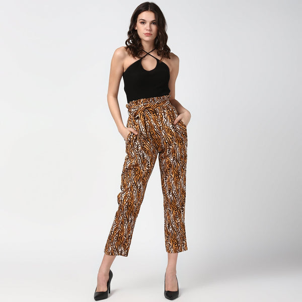 Women's Animal Print Paperbag Elasticated waistline Pants - StyleStone