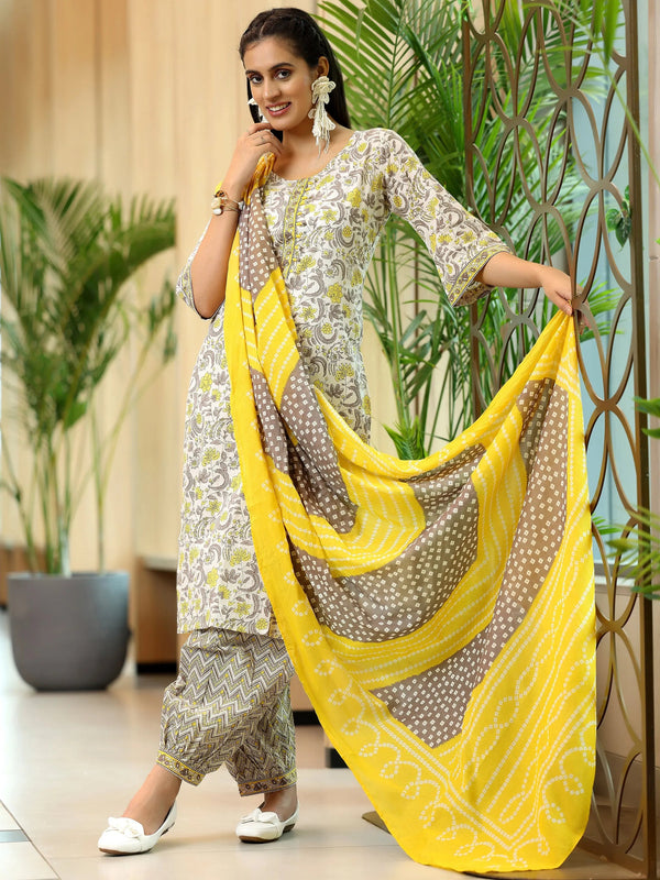 Yellow Printed Cotton Straight Suit With Dupatta