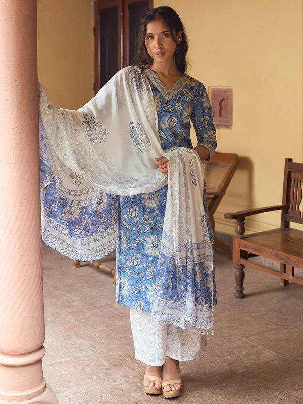 Blue Printed Cotton Straight Suit With Dupatta