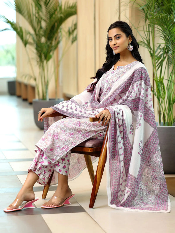 Pink Printed Cotton Straight Suit With Dupatta