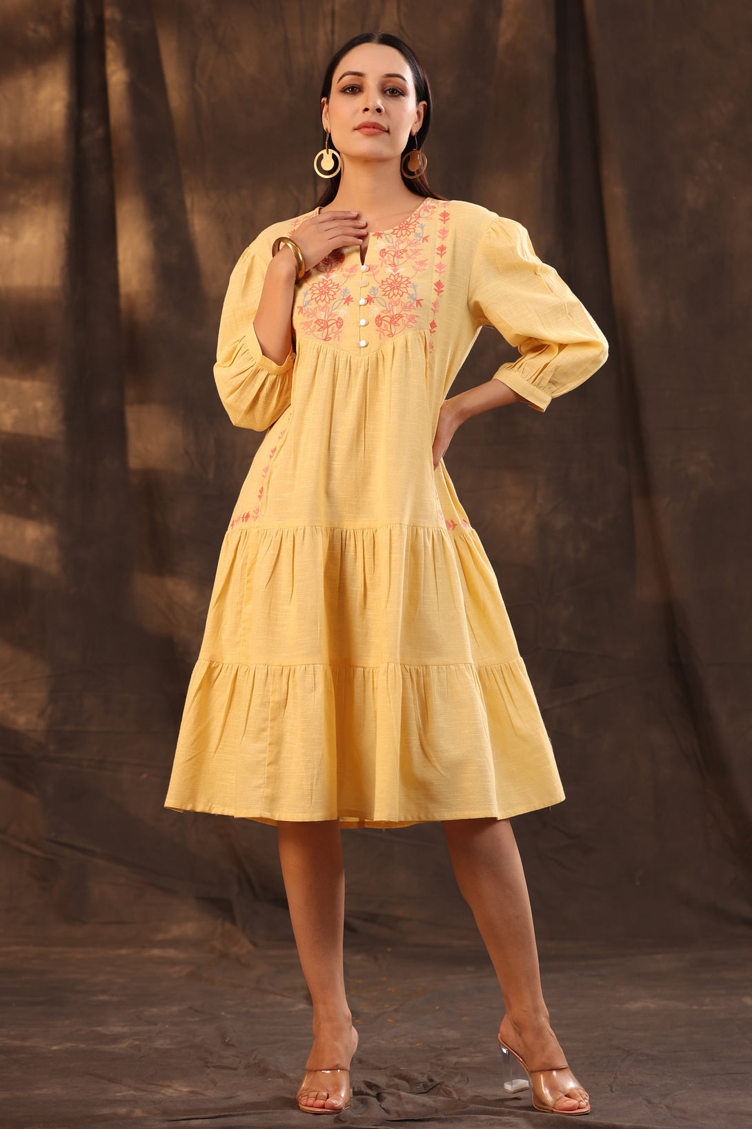 Women's Yellow Cotton Slub Solid Embroidered Tiered Dress - Juniper