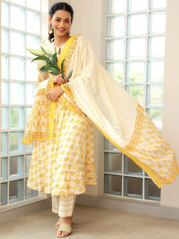 Mustard Printed Cotton Anarkali Suit With Dupatta