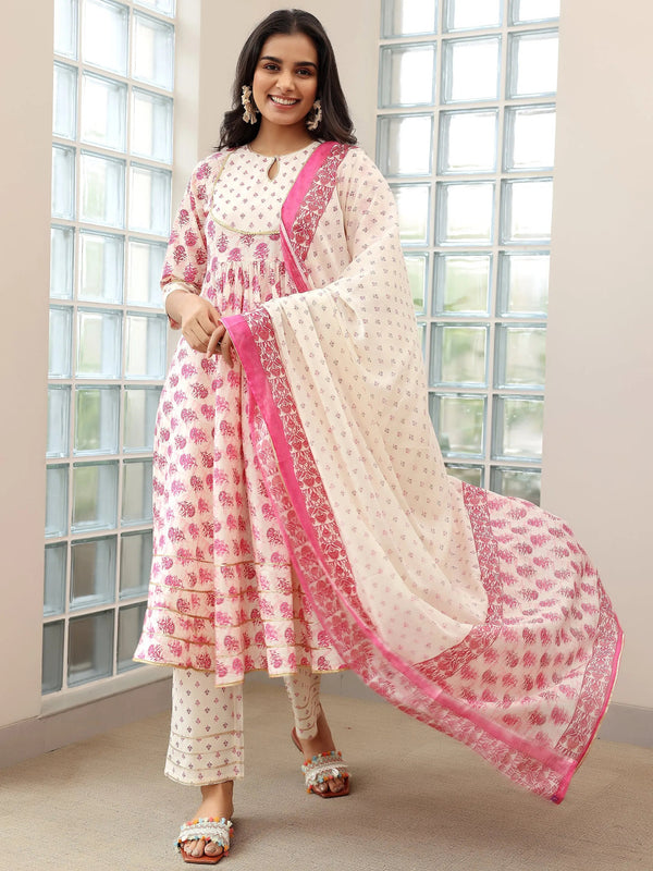 Pink Printed Cotton Anarkali Suit With Dupatta