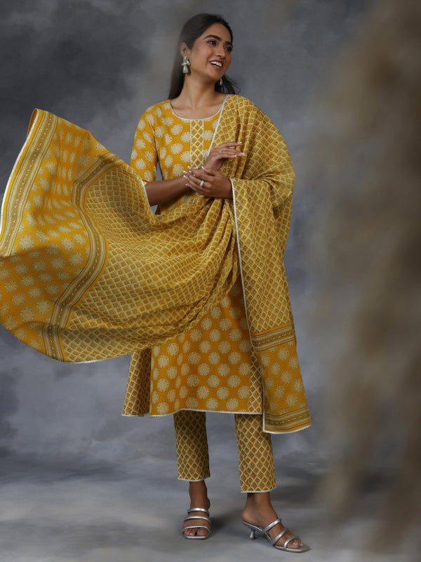 Mustard Printed Cotton A-Line Kurta With Trousers & Dupatta - Jashvi