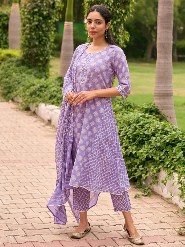 Purple Printed Cotton A-Line Kurta With Trousers & Dupatta