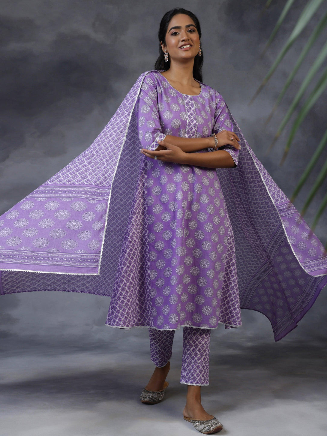 Purple Printed Cotton A-Line Kurta With Trousers & Dupatta - Jashvi