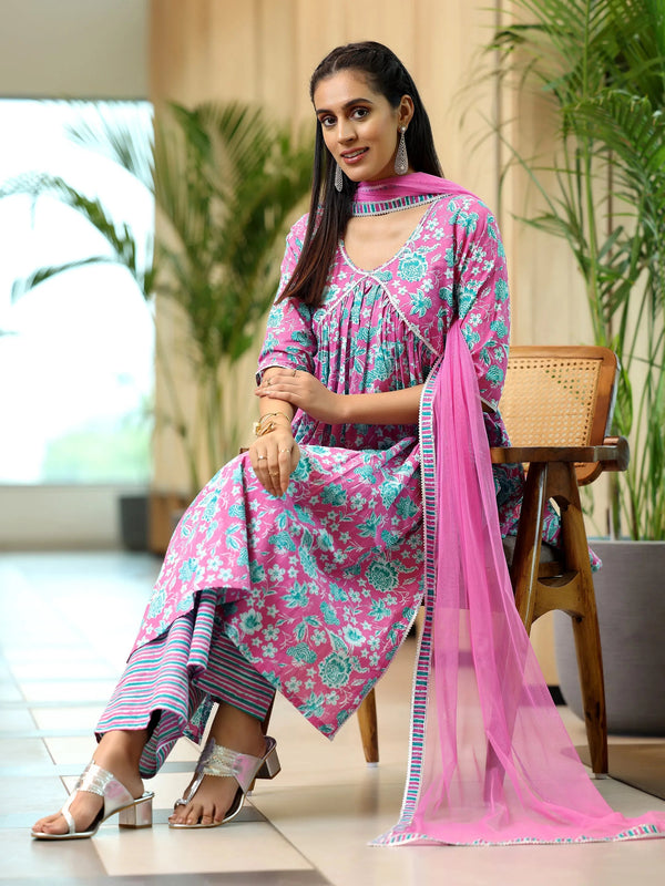 Pink Printed Cotton A-Line Kurta With Palazzos & Dupatta