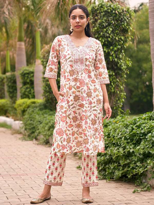 Off White Printed Cotton Straight Kurta Set