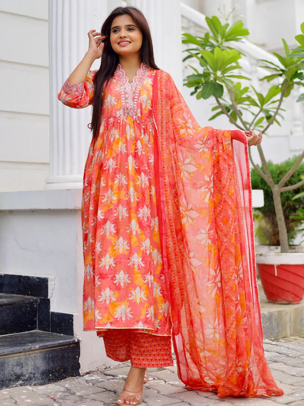 Saanjh Orange Printed Silk Blend A-Line Kurta With Palazzos & Dupatta