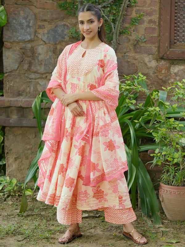 Orange Printed Cotton Anarkali Suit With Dupatta