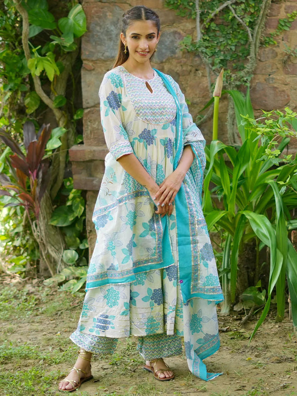 Turquoise Printed Cotton Anarkali Suit With Dupatta