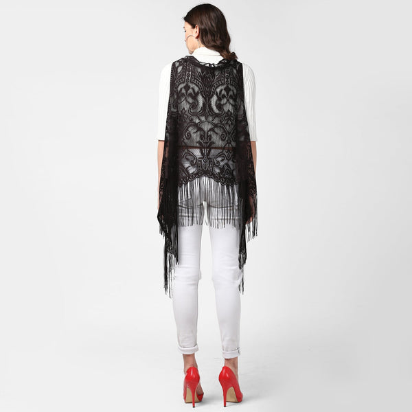 Women's Black Long Lace Shrug - StyleStone