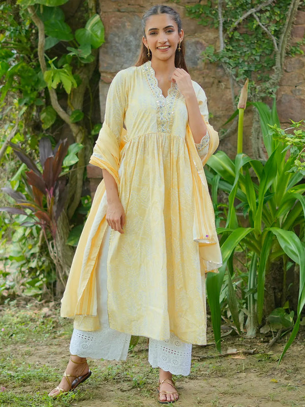 Mahnoor Yellow Printed Cotton A-Line Kurta With Palazzos & Dupatta