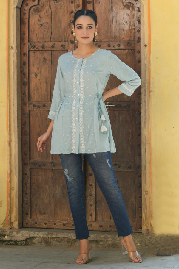 Women's Blue Rayon Slub Solid Embroidered Straight Tunic - Juniper