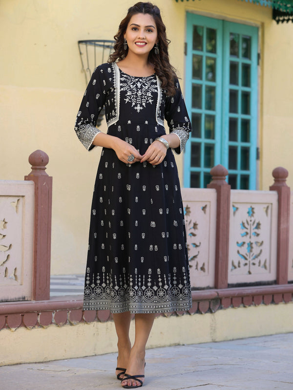 Jashvi Women's Black Cambric Printed Anarkali Flared Dress