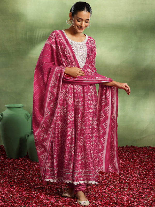 Pink Printed Silk Blend Anarkali Suit With Dupatta