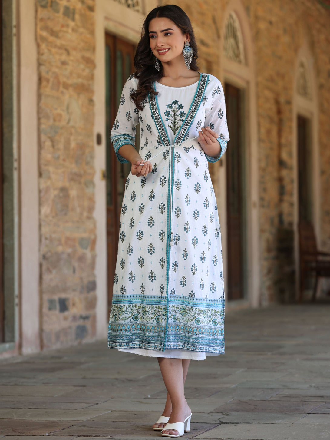 Women's Blue  Printed Embroidered A-Line Kurta - Juniper