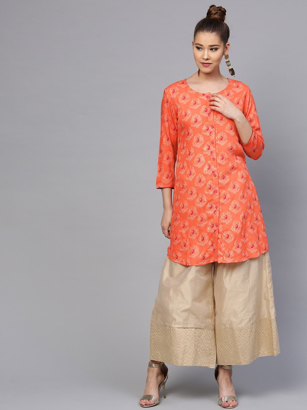 Women's Orange & Gold Printed Kurta - Yufta