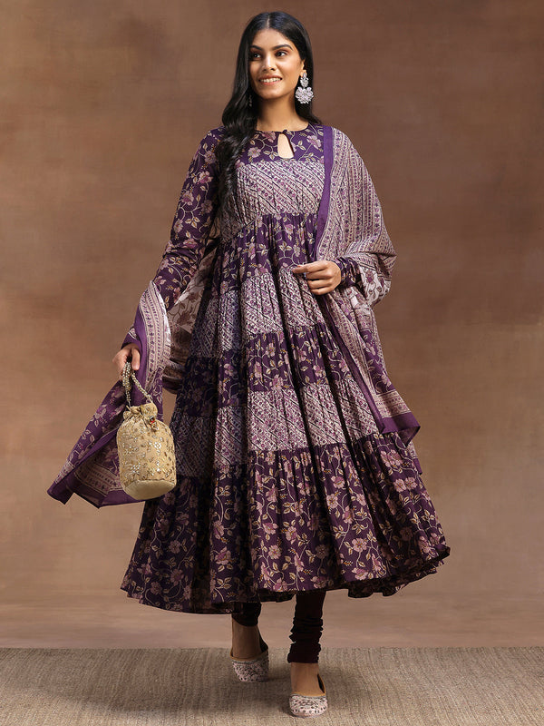 Purple Printed Cotton A-Line Kurta With Churidar & Dupatta